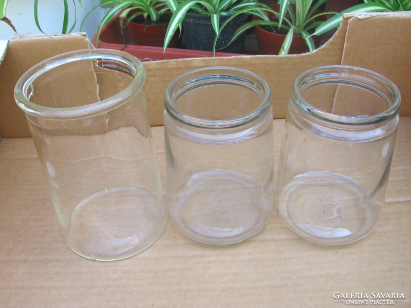 3 old, antique canning jars with a wide bottom in one