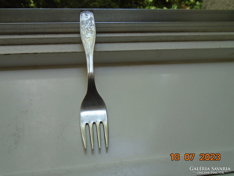Stainless steel children's fork marked with a convex scooter clown on the handle