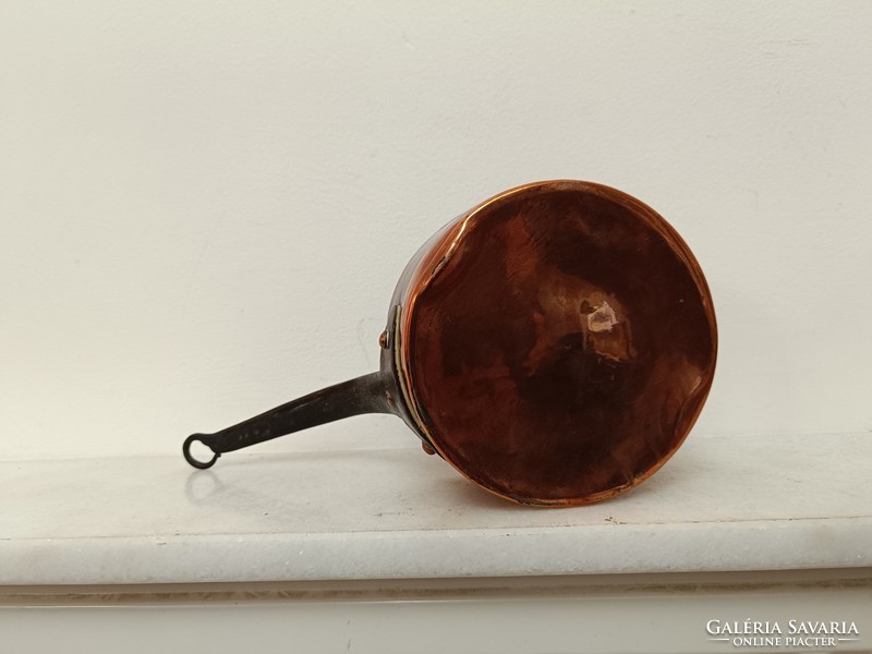 Antique tinned kitchen tool red copper pan with large handle and iron leg with dent 975 7637