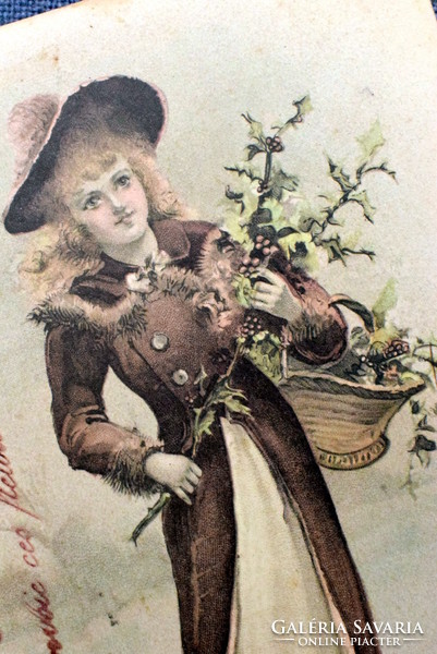 Antique a&m b greeting card girl with holly branch