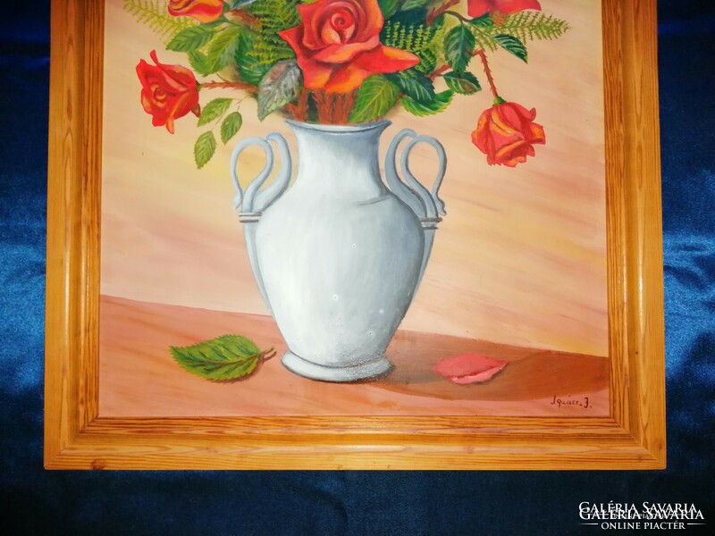 Virágcsendélet rózsa festmény fenyőfa képkeretben 58*78 cm
