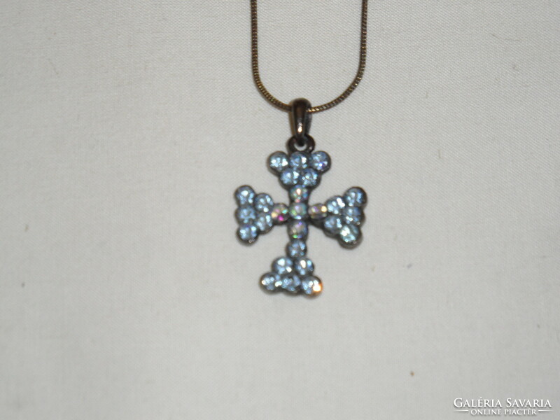 Metal cross pendant with stone inlay, necklace