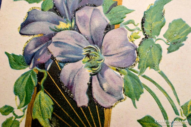 Antique embossed art nouveau glitter postcard clematis golden sun