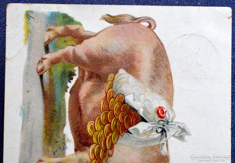Antik üdvözlő litho képeslap Jókívánság szerencsemalac  zsák arany pénz