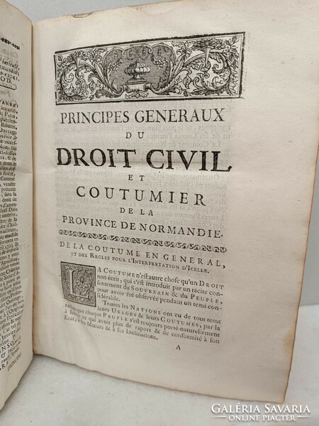 Antik könyv francia nyelvű Törvények jogi elvek 1748 Normandia Principes generaux 954 7643