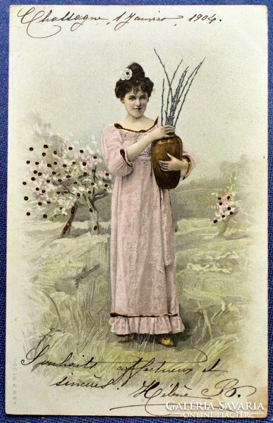 Antique a&m b welcome bronze pasting litho postcard girl with jug spring