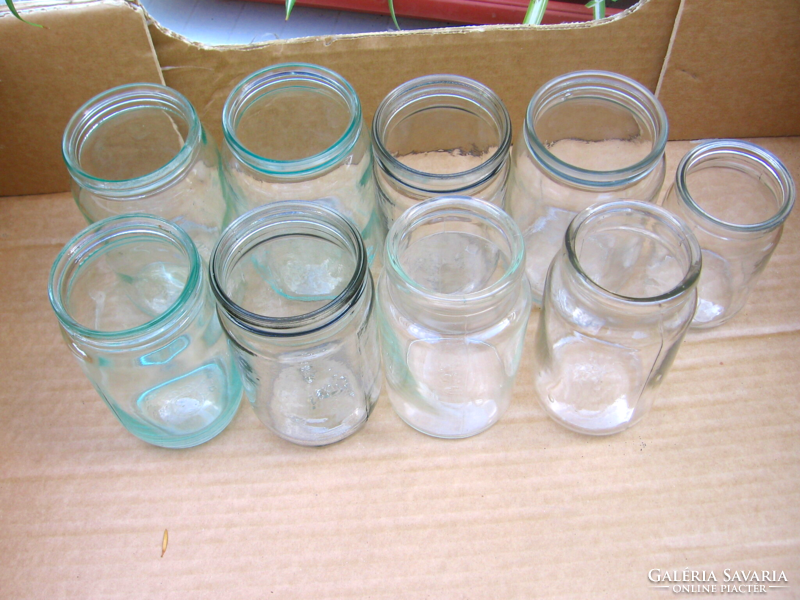 Pack of 9 0.35l, 420ml, 0.3l turquoise, greenish, colorless preserves, frosted glass