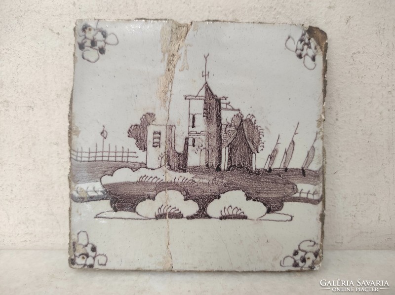 Antique delft tile 18th century brown building motif delft broken glued 572 7534