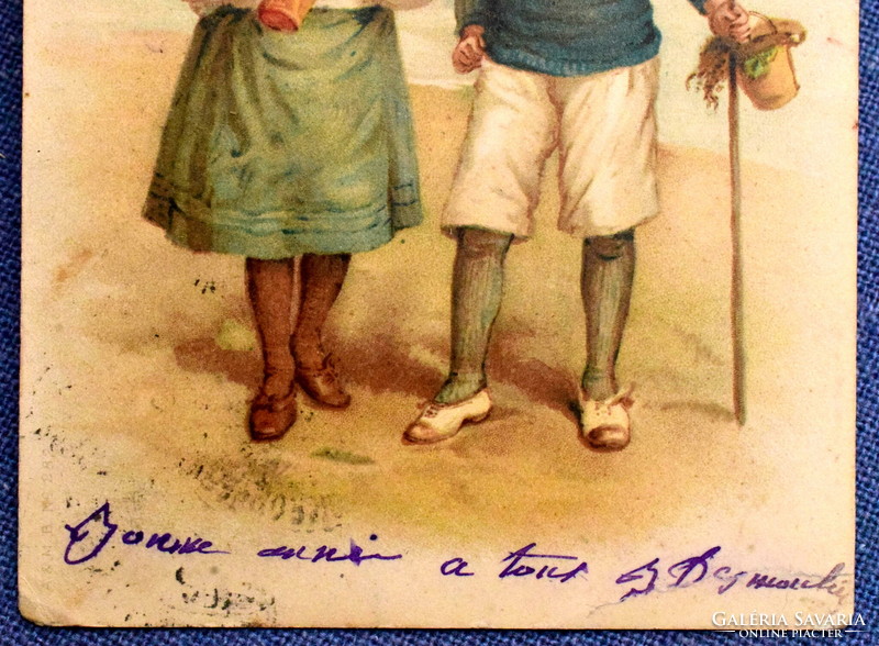 Antique greeting litho postcard children on the beach fishing net sailor dress