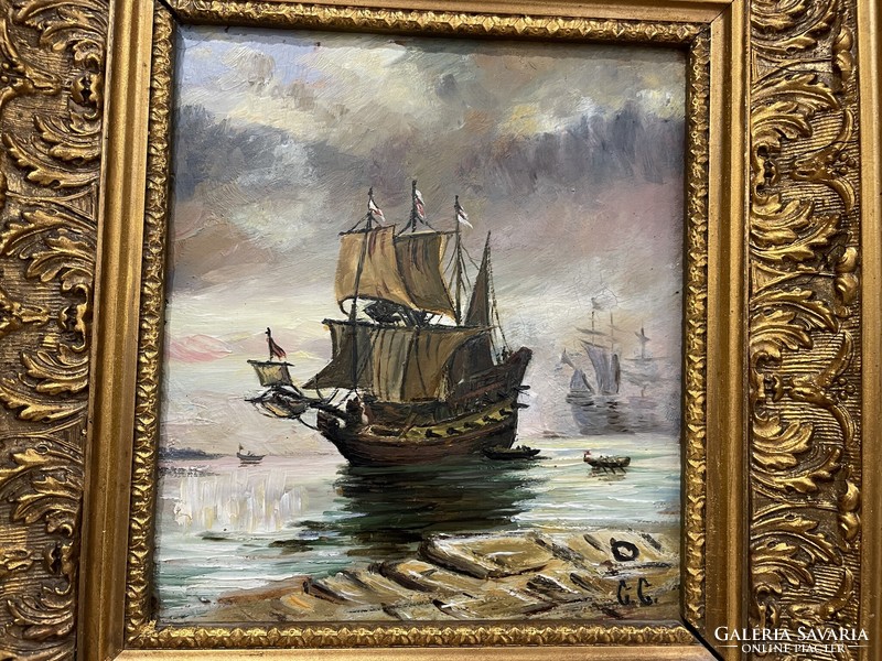 Antique Dutch ship painting sea pirate ship battleship