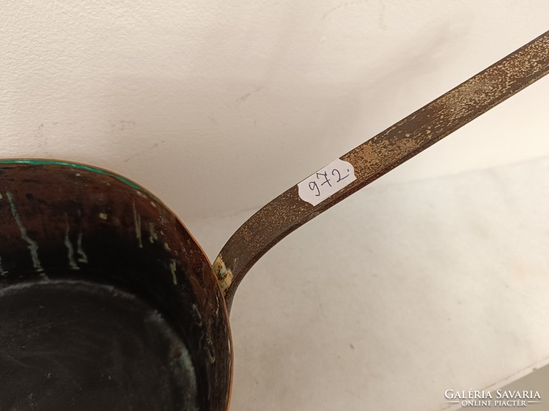 Antique tinned kitchen utensil copper pan with large handle and leg with iron ear 972 7634