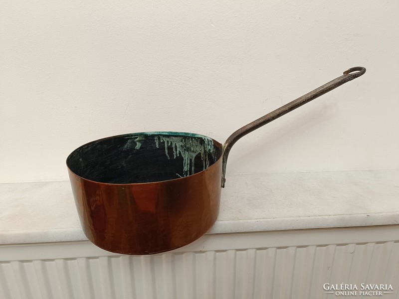 Antique tinned kitchen tool red copper pan with large handle and iron leg with dent 964 7626