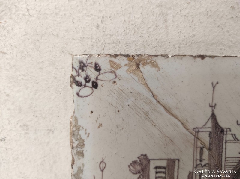 Antique delft tile 18th century brown building motif delft broken glued 573 7535