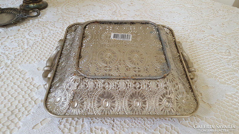 Oriental style pierced metal tray with tongs