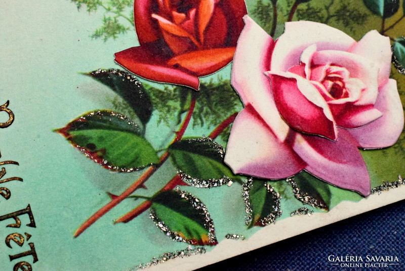 Art deco glitteres dekupázs képeslap rózsa