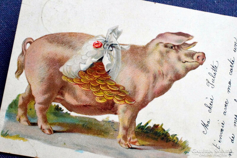 Antique greeting litho postcard good wishes lucky pig sack of gold money