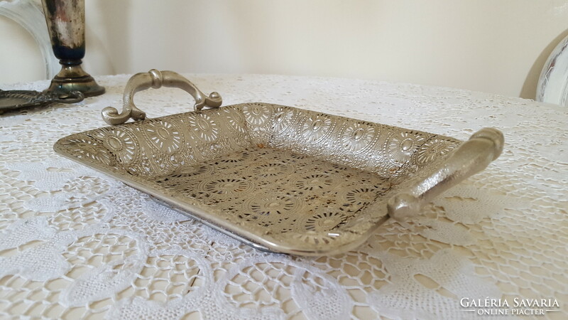 Oriental style pierced metal tray with tongs