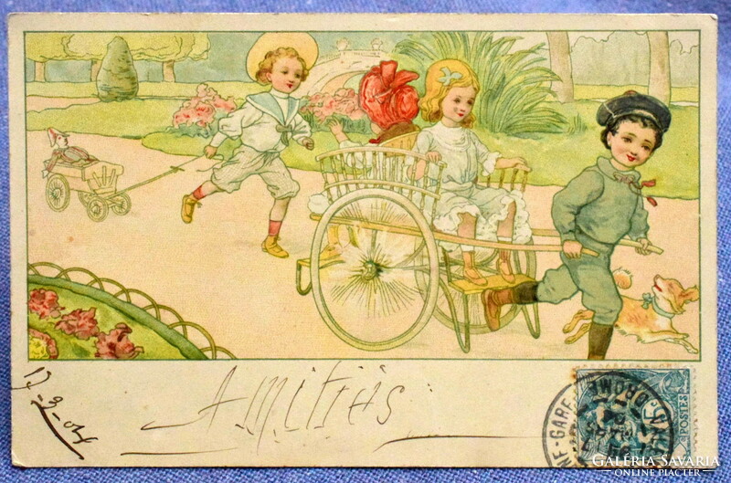 Antique graphic greeting litho postcard playing children little cart clown dog