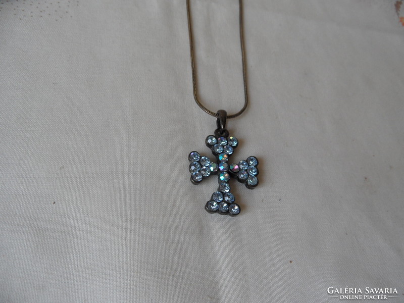 Metal cross pendant with stone inlay, necklace