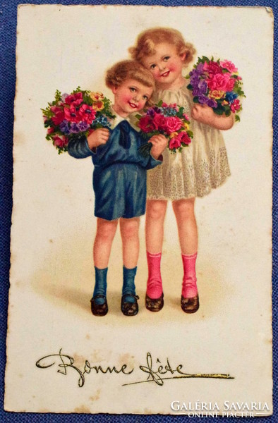 Art deco grafikus üdvözlő litho képeslap gyerekek rózsacsokor