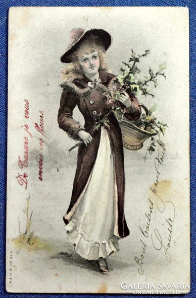 Antique a&m b greeting card girl with holly branch