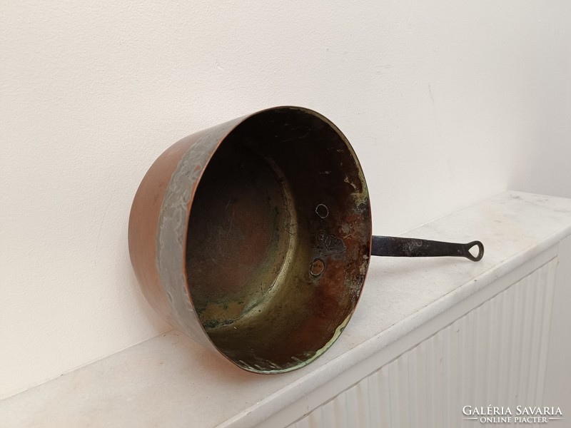 Antique tinned kitchen tool red copper pan with large handle and iron leg with dent 969 7631