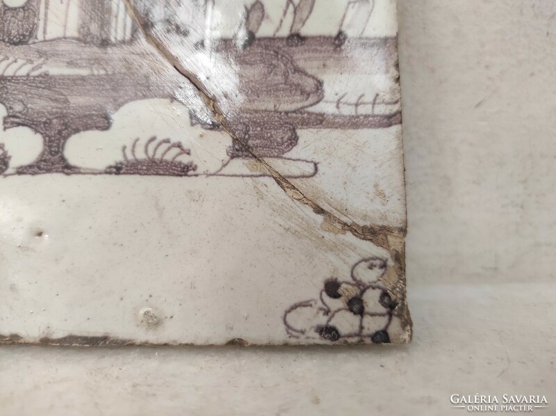 Antique delft tile 18th century brown building motif delft broken glued 573 7535