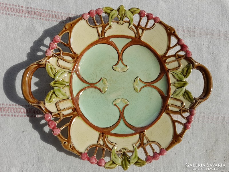 Steidl znaim art nouveau majolica wall decorative bowl with pierced ears, diameter 35 cm, rare!