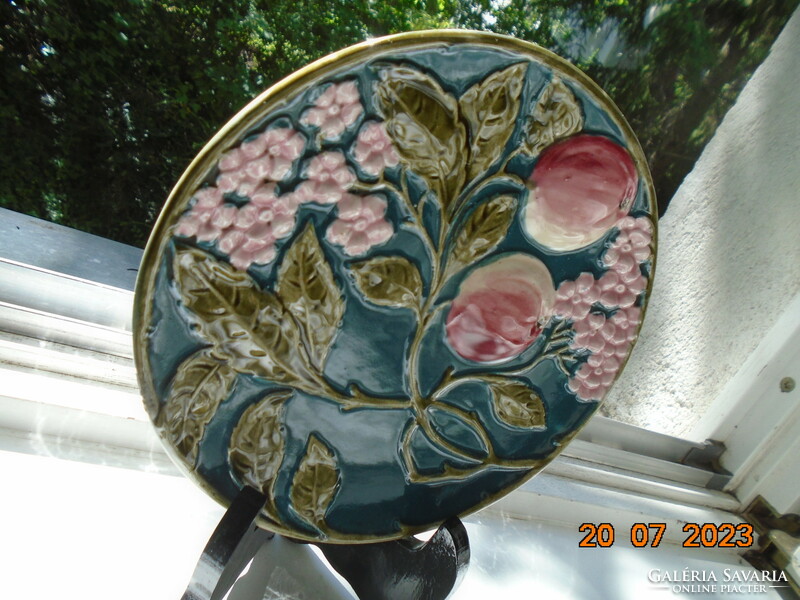 19th French majolica wall plate with raised peach flowers and fruit hand-painted patterns