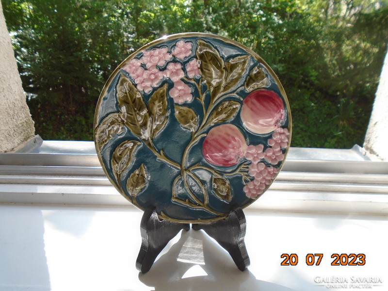 19th French majolica wall plate with raised peach flowers and fruit hand-painted patterns