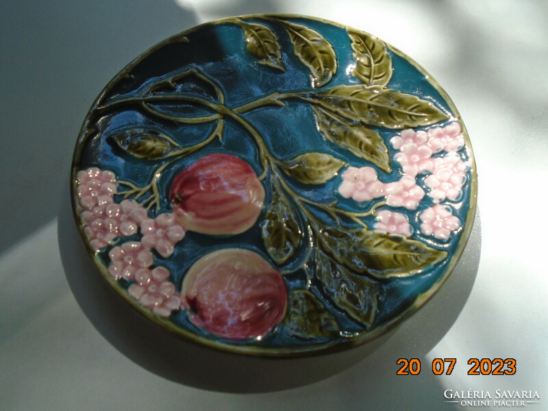 19th French majolica wall plate with raised peach flowers and fruit hand-painted patterns