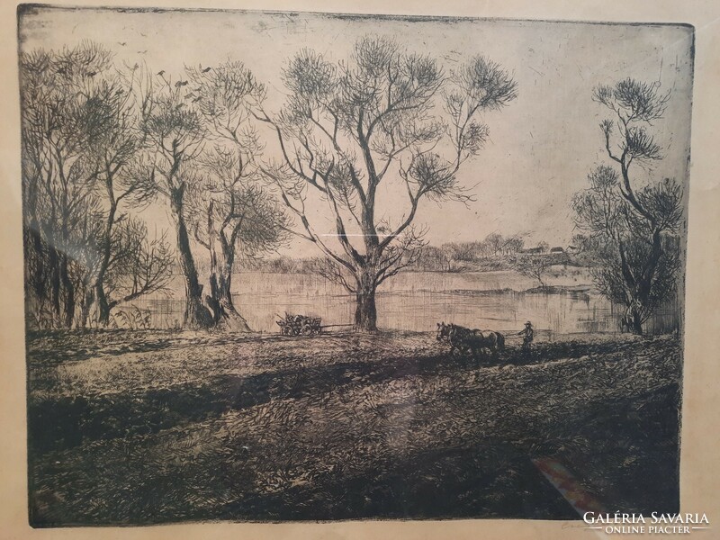 Csergezán pál: autumn plowing on the riverbank - original marked etching