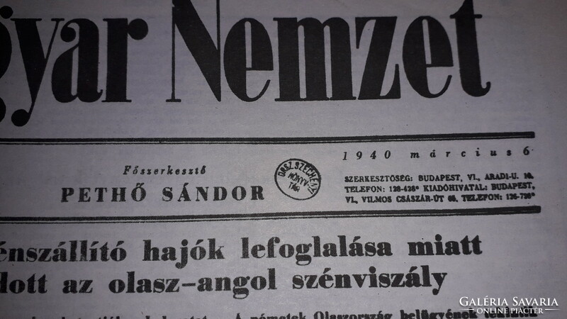 Antik 1940. március 6. MAGYAR NEMZET újság GYŰJTŐI állapotban a képek szerint