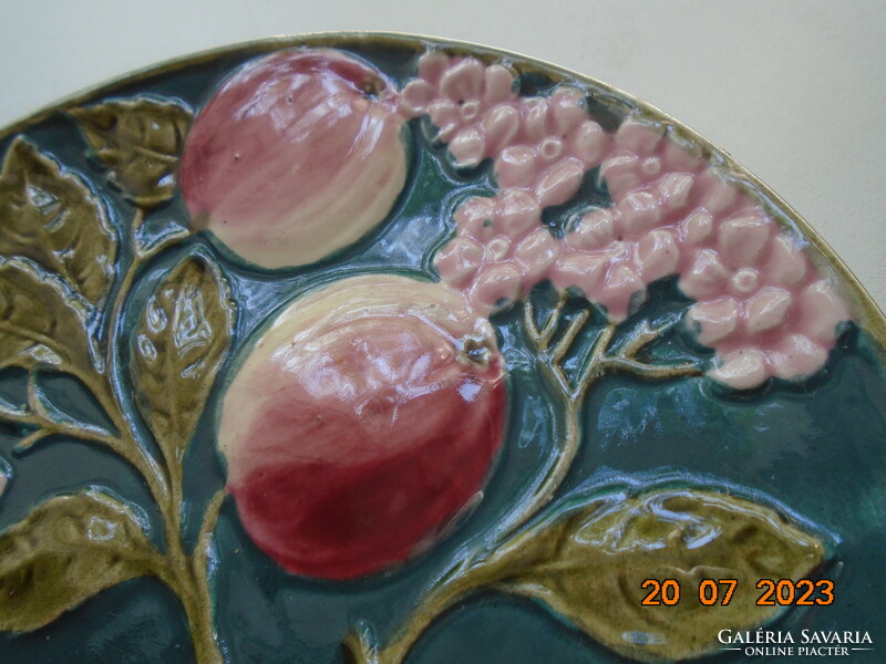 19th French majolica wall plate with raised peach flowers and fruit hand-painted patterns