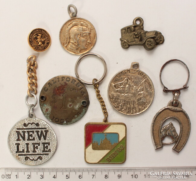 Mixed key ring + button + pendant item total of 8 items, including: automobile, lucky horseshoe