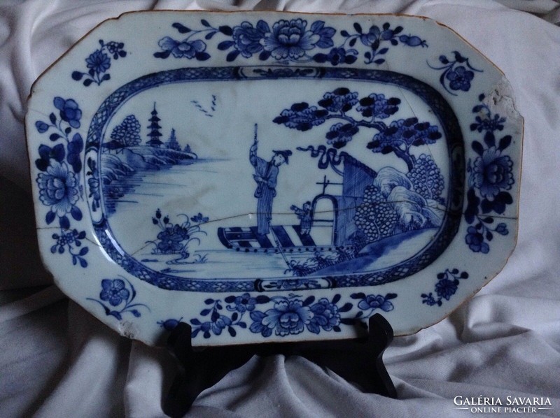 Chinese 18th century hand painted blue white porcelain tray tile plate tray