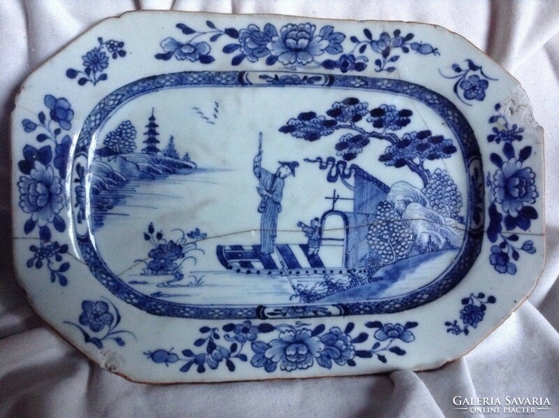 Chinese 18th century hand painted blue white porcelain tray tile plate tray