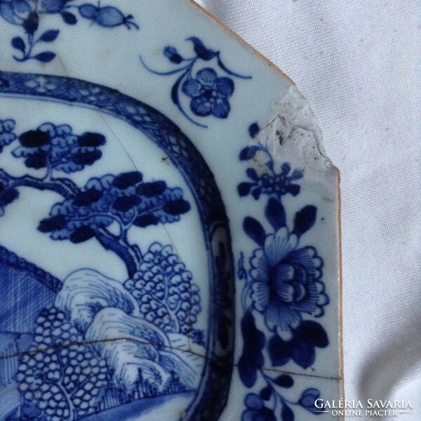 Kínai 18. Századi kézzel festett kék fehér porcelán tálca csempe tányér tálca