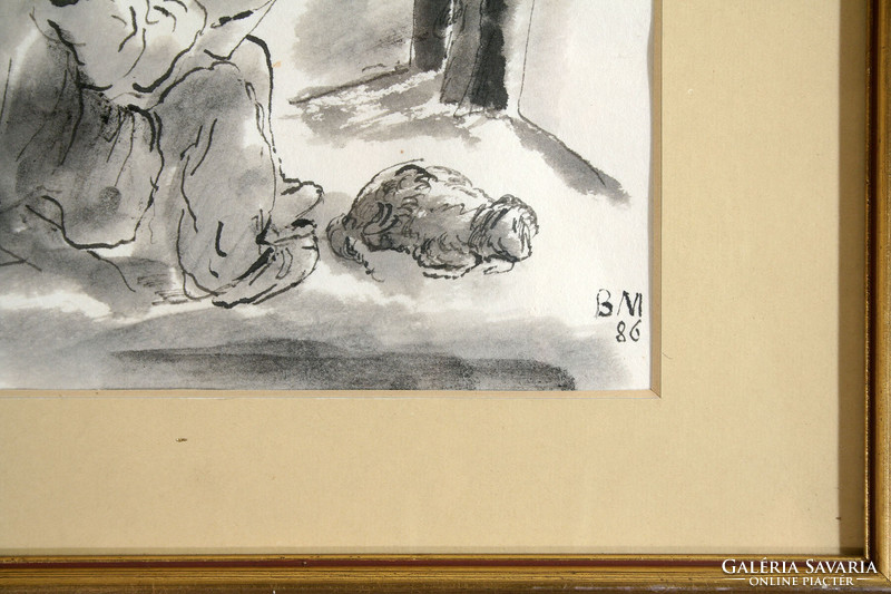 Artist Miklós Borsos (1906-1990) and his dog, watercolor ink 31x43cm 1986. Signed