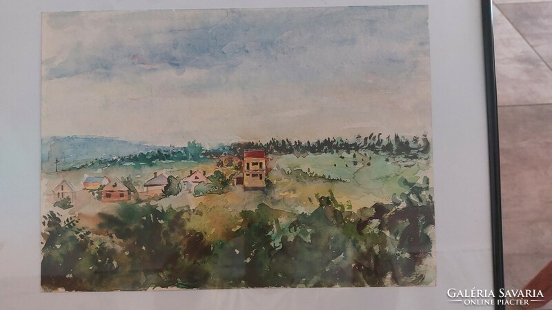 (K) Szignózott akvarell  festmény  40x31 cm kerettel Bajóti táj