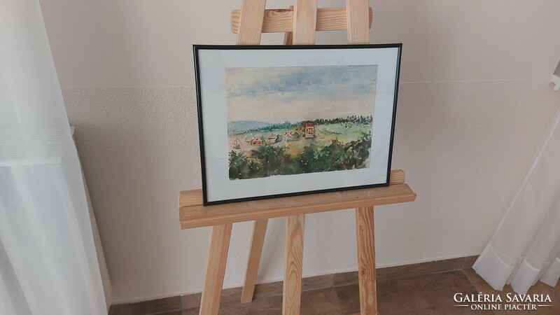 (K) Szignózott akvarell  festmény  40x31 cm kerettel Bajóti táj