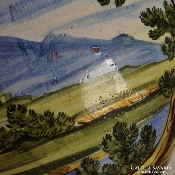 Olasz Fajansz Majolika Antik Kerámia Albarello Nagy Kaspó váza táj hajó Italia Murano Mázas cserép