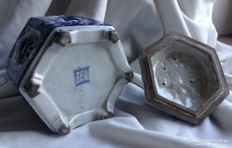 Kínai japán Budhista kék fehér porcelán füstölő foo kutya oroszlán doboz láda tea tartó Feng Shui
