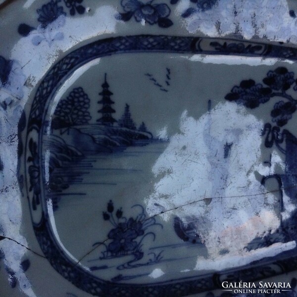 Kínai 18. Századi kézzel festett kék fehér porcelán tálca csempe tányér tálca