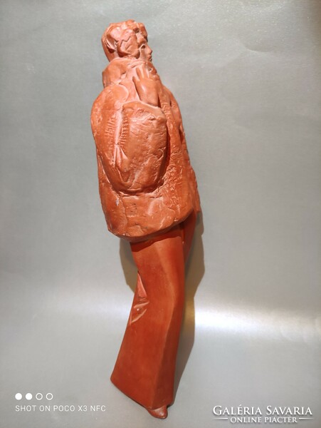 Art deco vintage woman in fur coat terracotta ceramic sculpture marked flawless