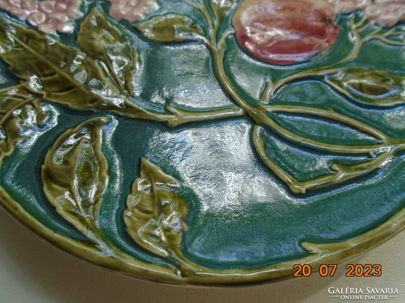 19th French majolica wall plate with raised peach flowers and fruit hand-painted patterns