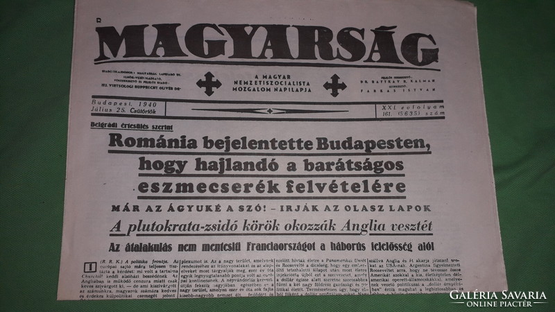 Antique 1940. July 25. Hungary - Nazi newspaper with arrow and cross in collector's condition according to the pictures