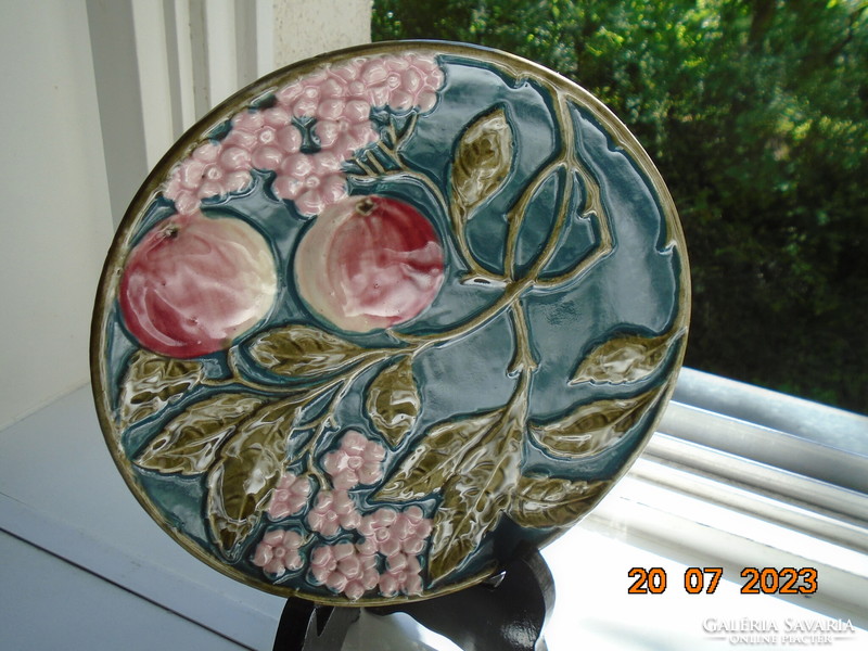 19th French majolica wall plate with raised peach flowers and fruit hand-painted patterns