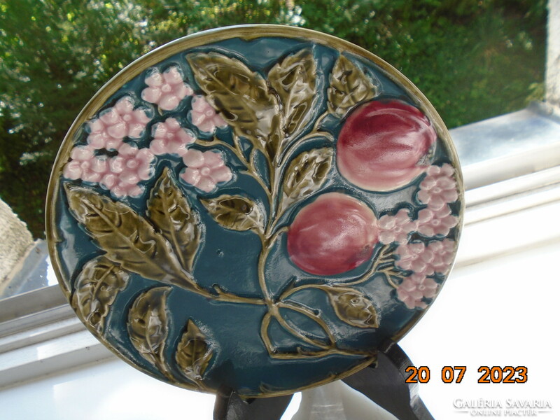 19th French majolica wall plate with raised peach flowers and fruit hand-painted patterns