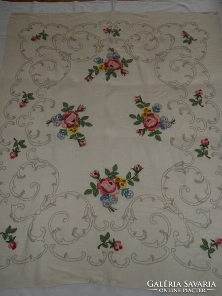 Hand-embroidered rosy floral tablecloth, bedspread